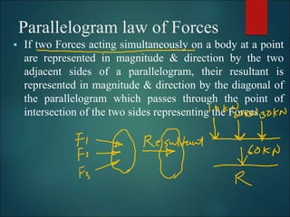 Parallelogram law of Forces
 If two Forces acting simultaneously on a body at a point
are represented in magnitude & direction by the two
adjacent sides of a parallelogram, their resultant is
represented in magnitude & direction by the diagonal of
the parallelogram which passes through the point of
intersection of the two sides representing the Forces.
 