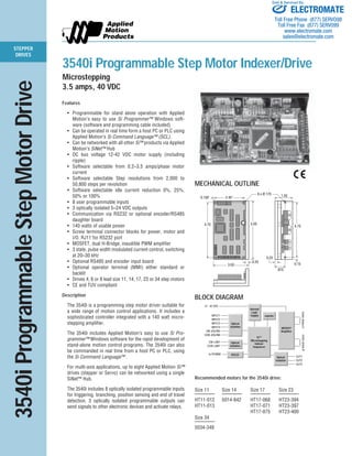 STEPPER 
DRIVES 
Sold Sold & & Serviced Serviced By: 
By: 
ELECTROMATE 
Toll Free Phone (877) SERVO98 
Toll Free Fax (877) SERV099 
3540i Programmable Step Motor Indexer/Drive 
Microstepping 
3.5 amps, 40 VDC 
MECHANICAL OUTLINE 
0.150" 
BLOCK DIAGRAM 
MOSFET 
Amplifier 
motor phase A motor phase B 
12 - 42 VDC 
INPUT1 
INPUT2 
INPUT3 
INPUT4 
CW JOG/IN5 
CCW JOG/IN6 
CW LIMIT 
CCW LIMIT 
to PC/MMI 
4.70 
OUT1 
OUT2 
OUT3 
Optical 
Isolation 
RS232 
Optical 
Isolation 
5.00 
Si™ 
eeprom 
Microstepping 
Indexer 
Sequencer 
Optical 
Isolation 
Internal 
Logic 
Supply 
2.45" 
4.70 
3.00 
0.25 
0.15 
1.50 
0.25 
.875 
6 x Ø.170 
3540i Programmable Step Motor Drive 
Features 
• Programmable for stand alone operation with Applied 
Motion’s easy to use Si Programmer™ Windows soft-ware 
(software and programming cable included) 
• Can be operated in real time form a host PC or PLC using 
Applied Motion’s Si Command Language™ (SCL). 
• Can be networked with all other Si™ products via Applied 
Motion’s SiNet™ Hub 
• DC bus voltage 12-42 VDC motor supply (including 
ripple) 
• Software selectable from 0.2–3.5 amps/phase motor 
current 
• Software selectable Step resolutions from 2,000 to 
50,800 steps per revolution 
• Software selectable idle current reduction 0%, 25%, 
50% or 100% 
• 8 user programmable inputs 
• 3 optically isolated 5–24 VDC outputs 
• Communication via RS232 or optional encoder/RS485 
daughter board 
• 140 watts of usable power 
• Screw terminal connector blocks for power, motor and 
I/O. RJ11 for RS232 port 
• MOSFET, dual H-Bridge, inaudible PWM amplifier 
• 3 state, pulse width modulated current control, switching 
at 20–30 kHz 
• Optional RS485 and encoder input board 
• Optional operator terminal (MMI) either standard or 
backlit 
• Drives 4, 6 or 8 lead size 11, 14, 17, 23 or 34 step motors 
• CE and TUV compliant 
Description 
The 3540i is a programming step motor driver suitable for 
a wide range of motion control applications. It includes a 
sophisticated controller integrated with a 140 watt micro-stepping 
amplifier. 
The 3540i includes Applied Motion’s easy to use Si Pro-grammer 
™ Windows software for the rapid development of 
stand-alone motion control programs. The 3540i can also 
be commanded in real time from a host PC or PLC, using 
the Si Command Language™ . 
For multi-axis applications, up to eight Applied Motion Si™ 
drives (stepper or Servo) can be networked using a single 
SiNet™ Hub. 
The 3540i includes 8 optically isolated programmable inputs 
for triggering, branching, position sensing and end of travel 
detection. 3 optically isolated programmable outputs can 
send signals to other electronic devices and activate relays. 
Recommended motors for the 3540i drive: 
Size 11 Size 14 Size 17 Size 23 
———— ———— ———— ———— 
HT11-012 5014-842 HT17-068 HT23-394 
HT11-013 HT17-071 HT23-397 
HT17-075 HT23-400 
Size 34 
———— 
5034-348 
ELECTROMATE 
Toll Free Phone (877) SERVO98 
Toll Free Fax (877) SERV099 
www.www.electromate.electromate.com 
com 
sales@sales@electromate.electromate.com 
com 
 