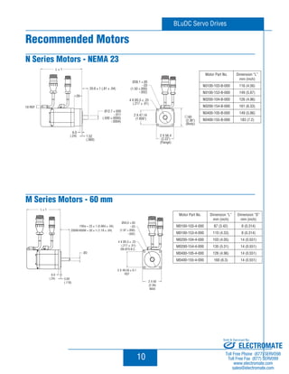 BLuDC Servo Drives 
10 
Recommended Motors 
N Series Motors - NEMA 23 
Motor Part No. Dimension “L” 
mm (inch) 
N0100-103-B-000 116 (4.56) 
N0100-153-B-000 149 (5.87) 
N0200-104-B-000 126 (4.96) 
N0200-154-B-000 161 (6.33) 
N0400-105-B-000 149 (5.86) 
N0400-155-B-000 183 (7.2) 
M Series Motors - 60 mm 
Motor Part No. Dimension “L” 
mm (inch) 
Dimension “D” 
mm (inch) 
M0100-103-4-000 87 (3.42) 8 (0.314) 
M0100-153-4-000 110 (4.33) 8 (0.314) 
M0200-104-4-000 103 (4.05) 14 (0.551) 
M0200-154-4-000 135 (5.31) 14 (0.551) 
M0400-105-4-000 126 (4.96) 14 (0.551) 
M0400-155-4-000 160 (6.3) 14 (0.551) 
Sold  Serviced By: 
ELECTROMATE 
Toll Free Phone (877) SERVO98 
Toll Free Fax (877) SERV099 
www.electromate.com 
sales@electromate.com 
 
