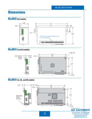 BLuDC Servo Drives 
6 
Dimensions 
BLuDC9 (All models) 
BLuDC4 (S and Q models) 
BLuDC4 (Si, SE, and QE models) 
Terminal strip for expanded I/O present only on 
Si, SE, and QE models. 
Sold  Serviced By: 
ELECTROMATE 
Toll Free Phone (877) SERVO98 
Toll Free Fax (877) SERV099 
www.electromate.com 
sales@electromate.com 
 
