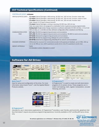 SV7 Technical Specifications (Continued) 
CONTROLLER (CONT): All Models 
INPUTS/OUTPUTS (CONT) Y1 output: Optical Darlington, NPN/sinking, 30 VDC max, 100 mA max. Function: brake relay 
12 Software Y2 output: Optical Darlington, NPN/sinking, 30 VDC max, 100 mA max. Function: motion or tach 
Y3 output: Optical Darlington, NPN/sinking, 30 VDC max, 100 mA max. Function: fault 
Note: outputs Y1-Y3 have a shared common. 
Y4 output: Optical Darlington, sinking or sourcing, 30 VDC max, 100 mA max 
Note: any output that is not assigned to a dedicated funtion is general purpose programmable. 
Analog input: Single-ended. Range (resolution) is software selectable 0-5 VDC (10 bits), +/-5 or 0-10 
VDC (11 bits), or +/-10 VDC (12 bits). Software configurable offset, deadband and filtering. 
for All Drives 
Si Programmer™ 
Intended for use in stand-alone applications, Si Programmer™ provides a user friendly, point-and-click, graphical inter-face 
that doesn’t require any previous programming experience. Currently available on SV7 and BLuAC5 servo drives 
only. 
Q Programmer™ 
Q ProgrammerTM is used to create and edit stand-alone 
programs for Q version drives. These programs can in-clude 
multi-tasking, math, register manipulation, encoder 
following, and more. 
Quick Tuner™ 
Used for setup and configuration of the drive. For more 
information about Quick TunerTM, visit the Applied Motion 
Products website. 
All software applications run on Windows 7, Windows Vista, XP, 2000, NT, ME, 98. 
COMMUNICATION INTER-FACE 
SV7-x-Ax: RS-232 for programming and serial communications 
SV7-x-RE: RS-232 for programming and serial communications, RS-485 for serial communications 
SV7-Q-EE: Ethernet for programming and serial communications 
SV7-C-CE: RS-232 for programming, CANopen for communications 
SV7-IP-EE: Ethernet for programming, EtherNet/IP for network communications" 
ENCODER INTERFACE Differential line receivers for incremental encoder (A/B quadrature) feedback, up to 2 MHz. 400 cp 
min to 32,768 cpr max (1600 quadrature counts min to 131,072 quadrature counts max) 
AGENCY APPROVALS RoHS 
CE EN61800-3:2004, EN61800-5-1:2003" 
Sold & Serviced By: 
ELECTROMATE 
Toll Free Phone (877) SERVO98 
Toll Free Fax (877) SERV099 
www.electromate.com 
sales@electromate.com 
 