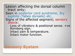 Sensory System
Lesion affecting the dorsal column
tract only;
Seen in posterior cord syndrome, 3ry
syphilis (Tabes dorsalis) etc…
Signs of the affected segment; sensory
ataxia:
◦ Loss of vibratory & positional sense. +ve
Romberg sign.
◦ Intact pain & temperature.
◦ Intact motor function.
 