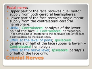 Cranial Nerves
Facial nerve:
 Upper part of the face receives duel motor
supply from both cerebral hemispheres.
 Lower part of the face receives single motor
supply from the contralateral cerebral
hemisphere.
 UMNL; Contralateral paralysis of the lower
half of the face + Contralateral hemiplegia
(Nb: hemiplegia is ipsilateral to the paralyzed site of the face
& contralateral to the lesion site).
 LMNL at the level of pons; Ipsilateral
paralysis of half of the face (upper & lower) +
Contralateral hemiplegia.
 LMNL at the nerve level; Ipsilateral paralysis
of half of the face only.
 