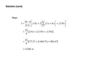 Solution (cont)






+






++
−
= ∑
−
=
)(f)iha(f)(f
)(
I
i
3028
22
830 12
1
[ ])(f)(f)(f 301928
4
22
++=
[ ]6790175484227177
4
22
.).(. ++=
m11266=
Then:
 
