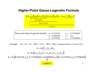 51
Higher-Point Gauss-Legendre Formula
( ) ( ) ( )[ ]2d21d10d0 xfcxfcxfc ++= 40.I
( ) ( ) ( ) ( )
44444444 344444444 21
L
44444 344444 21
444 3444 21
pointn
1-n1-n
pointthree
22
pointtwo
1100 xfcxfcxfcxfc
−
−
−
++++≅I
( )∫=
1
1- ddd dxxf40.I
Example: f(x) = 0.2 + 25x – 200x2 + 675x3 – 900x4 + 400x5 (integral between a=0 and b=0.8)
Three-point Gauss-Legendre formula: c0 = 0.5555556 x0 = - 0.774596669
c1 = 0.8888889 x1 = 0.0
c2 = 0.5555556 x2 = 0.774596669
( ) ( ) ( )[ ].77459669f0.5555560f0.88888890.77459669-f0.5555560.4 ddd ++=I
1.640533
 