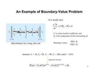 4
An Example of Boundary-Value Problem
( )
( ) 2
10
TLT
TT
=
=
( ) 0h'
dx
d
a2
2
=−+ TT
T
Heat balance for a long, thin rod
( ) 20452353452373 1010
+−= − x.ex.
.e.xT
analytical solution
At a steady state:
h’ is a heat transfer coefficient, and
Ta is the temperature of the surrounding air.
Boundary-values:
Instance: L = 10, Ta =20, T1 = 40, T2 = 200, and h’ = 0.01
 