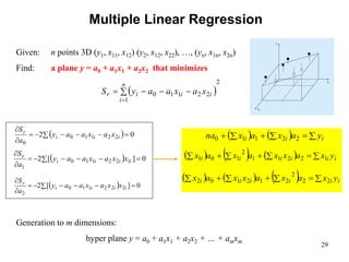 29
Multiple Linear Regression
 
 







0
]
[
2 2
2
2
1
1
0
2
i
i
i
i
r
x
x
a
x
a
a
y
a
S
 
2
1
2
2
1
1
0
 




n
i
i
i
i
r x
a
x
a
a
y
S
Given: n points 3D (y1, x11, x12) (y2, x12, x22), …, (yn, x1n, x2n)
Find: a plane y = a0 + a1x1 + a2x2 that minimizes
 
 







0
2 2
2
1
1
0
0
i
i
i
r
x
a
x
a
a
y
a
S
 
 







0
]
[
2 1
2
2
1
1
0
1
i
i
i
i
r
x
x
a
x
a
a
y
a
S
    




 i
i
i y
a
x
a
x
na 2
2
1
1
0
      





 i
i
i
i
i
i y
x
a
x
x
a
x
a
x 1
2
2
1
1
2
1
0
1
      





 i
i
i
i
i
i y
x
a
x
a
x
x
a
x 2
2
2
2
1
2
1
0
2
Generation to m dimensions:
hyper plane y = a0 + a1x1 + a2x2 + … + amxm
 