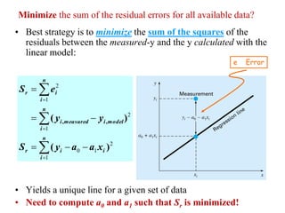 5
• Best strategy is to minimize the sum of the squares of the
residuals between the measured-y and the y calculated with the
linear model:
• Yields a unique line for a given set of data
• Need to compute a0 and a1 such that Sr is minimized!












n
i
i
i
r
n
i
model
i
measured
i
n
i
i
r
x
a
a
y
S
y
y
e
S
1
2
1
0
1
2
1
2
)
(
)
( ,
,
e Error
Minimize the sum of the residual errors for all available data?
 