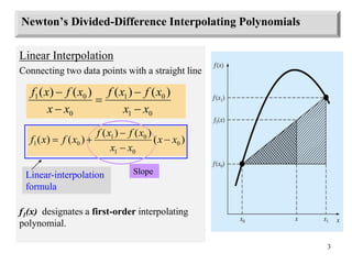 3
Newton’s Divided-Difference Interpolating Polynomials
Linear Interpolation
Connecting two data points with a straight line
f1(x) designates a first-order interpolating
polynomial.
)
(
)
(
)
(
)
(
0
1
0
1
0
0
1
x
x
x
f
x
f
x
x
x
f
x
f





Linear-interpolation
formula
Slope
)
(
)
(
)
(
)
(
)
( 0
0
1
0
1
0
1 x
x
x
x
x
f
x
f
x
f
x
f 




 