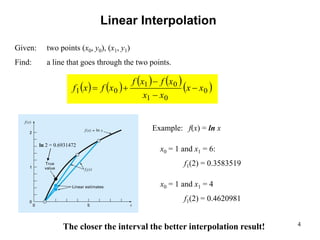 4
Linear Interpolation
   
   
 
0
0
1
0
1
0
1 x
x
x
x
x
f
x
f
x
f
x
f 




Given: two points (x0, y0), (x1, y1)
Find: a line that goes through the two points.
Example: f(x) = ln x
x0 = 1 and x1 = 6:
f1(2) = 0.3583519
x0 = 1 and x1 = 4
f1(2) = 0.4620981
ln 2 = 0.6931472
The closer the interval the better interpolation result!
 