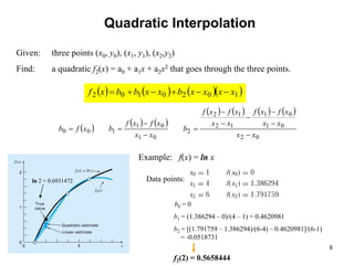 8
Quadratic Interpolation
 
   
       
0
2
0
1
0
1
1
2
1
2
2
0
1
0
1
1
0
0
x
x
x
x
x
f
x
f
x
x
x
f
x
f
b
x
x
x
f
x
f
b
x
f
b











      
1
0
2
0
1
0
2 x
x
x
x
b
x
x
b
b
x
f 





Given: three points (x0, y0), (x1, y1), (x2,y2)
Find: a quadratic f2(x) = a0 + a1x + a2x2 that goes through the three points.
Example: f(x) = ln x
Data points:
b0 = 0
b1 = (1.386294 – 0)/(4 – 1) = 0.4620981
b2 = [(1.791759 – 1.386294)/(6-4) – 0.4620981]/(6-1)
= -0.0518731
f2(2) = 0.5658444
ln 2 = 0.6931472
 
