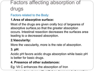 Factors affecting absorption of
drugs
Factors related to the Body:
1.Area of absorptive surface:
Most of the drugs are given orally bcz of largearea of
absorptive surface,so that the greater absorption
occurs. Intestinal resection decreases the surfaces area
leading to a decreased absorption.
2.Vascularity:
More the vascularity, more is the rate of absorption.
3. pH:
Acidic pH favors acidic drugs absorption while basic pH
is better for basic drugs.
4. Presence of other substances:
Eg: Vit C enhances the absorption of Iron
 