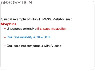 ABSORPTION
Clinical example of FIRST PASS Metabolism :
Morphine
 Undergoes extensive first pass metabolism
 Oral bioavailability is 30 – 50 %
 Oral dose not comparable with IV dose
 