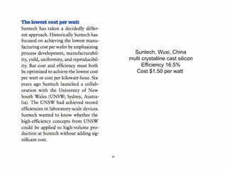 87
Suntech, Wuxi, China
multi crystalline cast silicon
Efficiency 16.5%
Cost $1.50 per watt
 