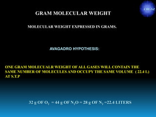 GRAM MOLECULAR WEIGHT
MOLECULAR WEIGHT EXPRESSED IN GRAMS.
AVAGADRO HYPOTHESIS:
ONE GRAM MOLECUALR WEIGHT OF ALL GASES WILL CONTAIN THE
SAME NUMBER OF MOLECULES AND OCCUPY THE SAME VOLUME ( 22.4 L)
AT S.T.P
32 g OF O2 = 44 g OF N2O = 28 g OF N2 =22.4 LITERS
CBE-SZ
 
