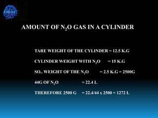 AMOUNT OF N2O GAS IN A CYLINDER
TARE WEIGHT OF THE CYLINDER = 12.5 K.G
CYLINDER WEIGHT WITH N2O = 15 K.G
SO.. WEIGHT OF THE N2O = 2.5 K.G = 2500G
44G OF N2O = 22.4 L
THEREFORE 2500 G = 22.4/44 x 2500 = 1272 L
CBE-SZ
 