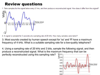 Review questions

3. Most sounds created by human speech except for 'ss' and 'ff' have a maximum
frequency of 4 kHz. What is a suitable sampling rate for a low-quality telephone?
4. Using a sampling rate of 20 kHz and 3 bits, sample the following signal, and then
produce a reconstructed signal. What is the maximum frequency that can be
perfectly reconstructed using this sampling rate?

 