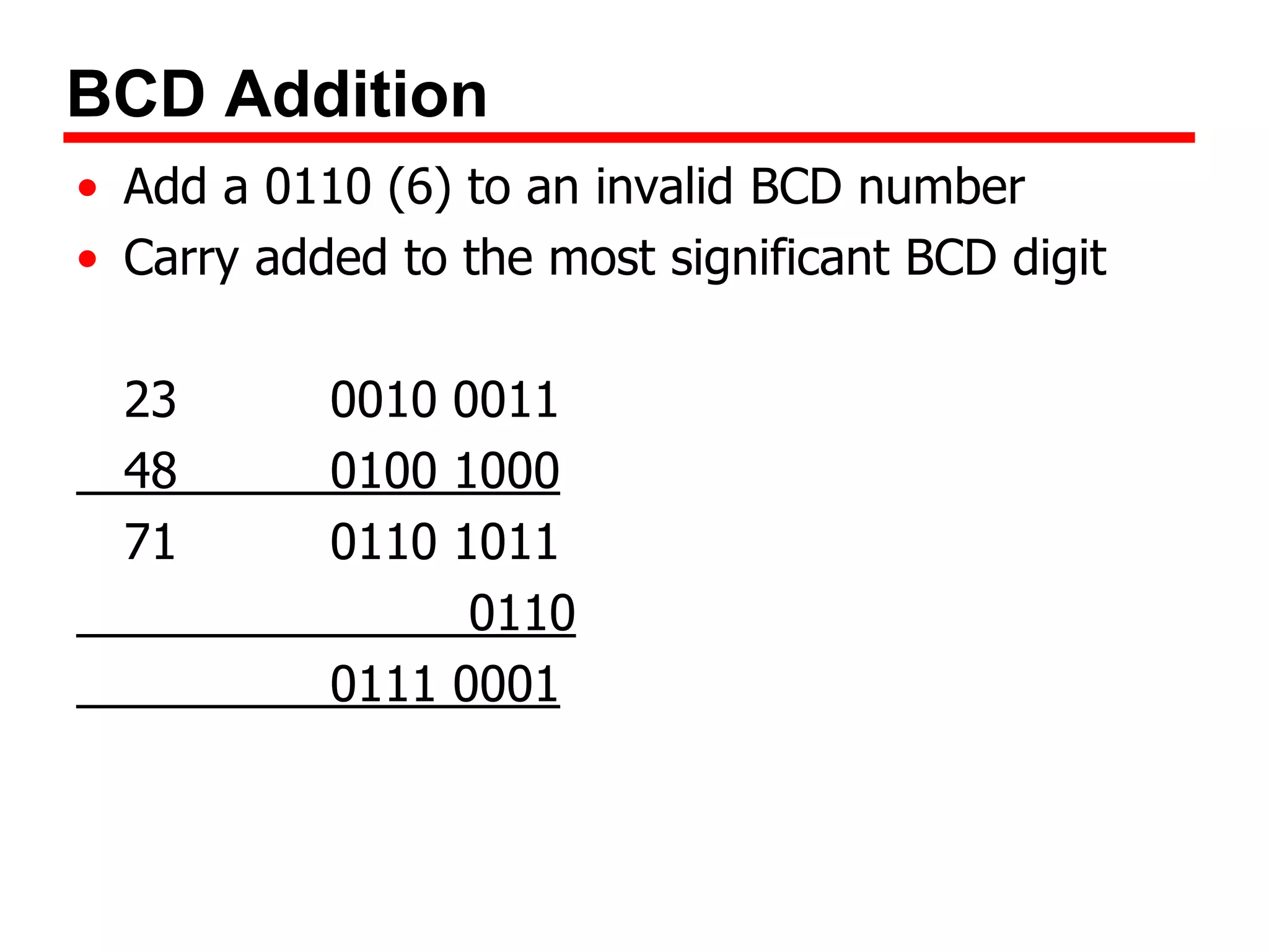 BCD Addition
• Add a 0110 (6) to an invalid BCD number
• Carry added to the most significant BCD digit
23
48
71

0010 0011
0100 1000
0110 1011
0110
0111 0001

 