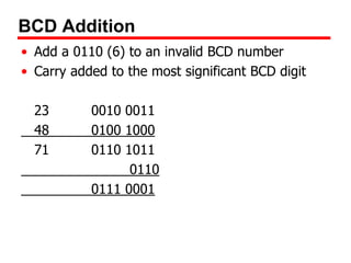 BCD Addition
• Add a 0110 (6) to an invalid BCD number
• Carry added to the most significant BCD digit
23
48
71

0010 0011
0100 1000
0110 1011
0110
0111 0001

 