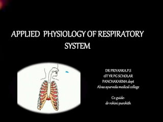 APPLIED PHYSIOLOGY OF RESPIRATORY
SYSTEM
DR PRIYANKA.P.S
1STYRPG SCHOLAR
PANCHAKARMAdept
Alvasayurvedamedicalcollege
Co guide-
dr rohinipurohith
 