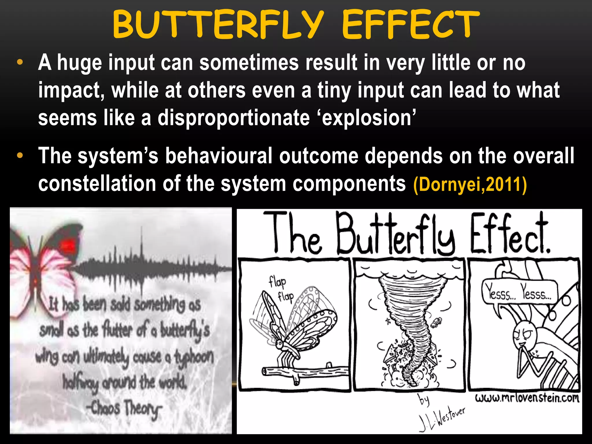 BUTTERFLY EFFECT
• A huge input can sometimes result in very little or no
impact, while at others even a tiny input can lead to what
seems like a disproportionate ‗explosion‘

• The system‘s behavioural outcome depends on the overall
constellation of the system components (Dornyei,2011)

 