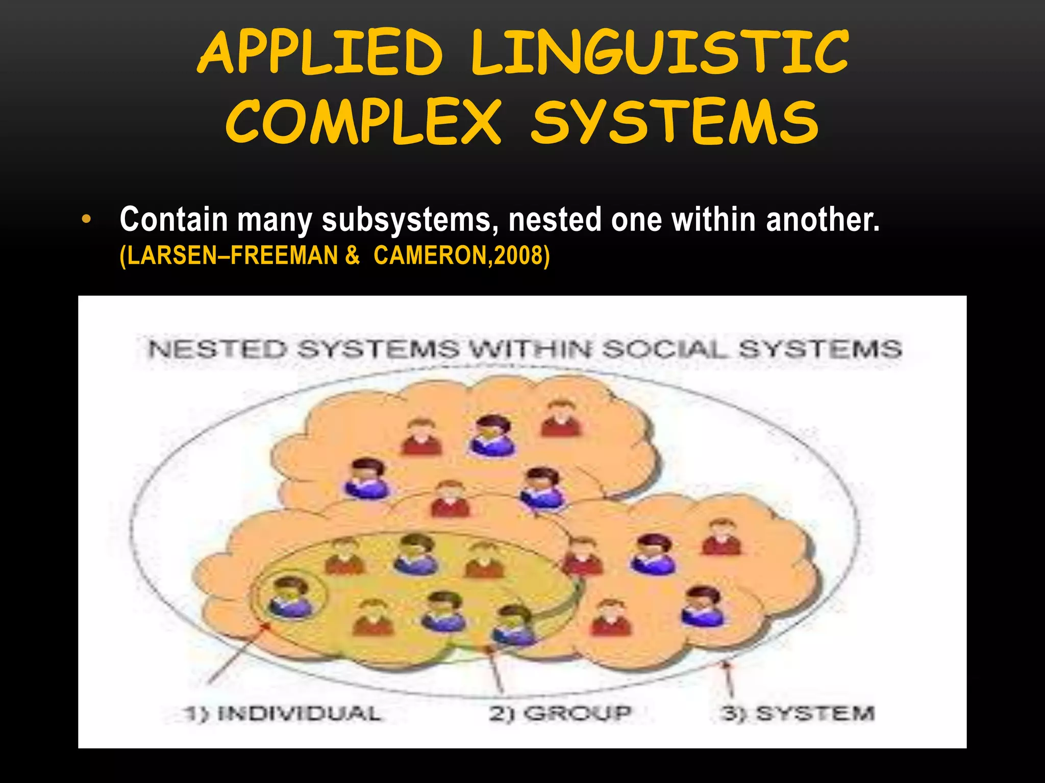 APPLIED LINGUISTIC
COMPLEX SYSTEMS
• Contain many subsystems, nested one within another.
(LARSEN–FREEMAN & CAMERON,2008)

 