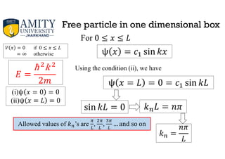 Free particle in one dimensional box
= 0 if 0 ≤ ≤
= ∞ otherwise
For 0 ≤ ≤
=
ħ k
2
(i)ψ = 0 = 0
(ii)ψ = = 0
ψ = sin
Using the condition (ii), we have
ψ = = 0 = sin
sin = 0 =
=
Allowed values of ’s are , , … and so on
 