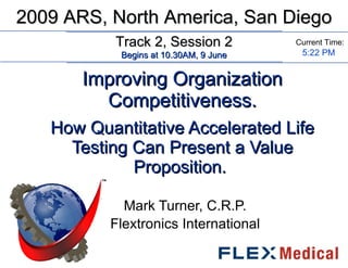 Improving Organization Competitiveness.   How Quantitative Accelerated Life Testing Can Present a Value Proposition.  Mark Turner, C.R.P. Flextronics International 5:22 PM 