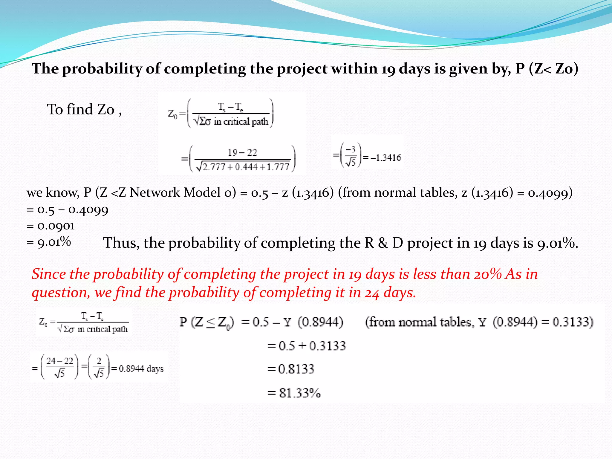 The probability of completing the project within 19 days is given by, P (Z< Z0)

   To find Z0 ,




we know, P (Z <Z Network Model 0) = 0.5 – z (1.3416) (from normal tables, z (1.3416) = 0.4099)
= 0.5 – 0.4099
= 0.0901
= 9.01%      Thus, the probability of completing the R & D project in 19 days is 9.01%.

Since the probability of completing the project in 19 days is less than 20% As in
question, we find the probability of completing it in 24 days.
 