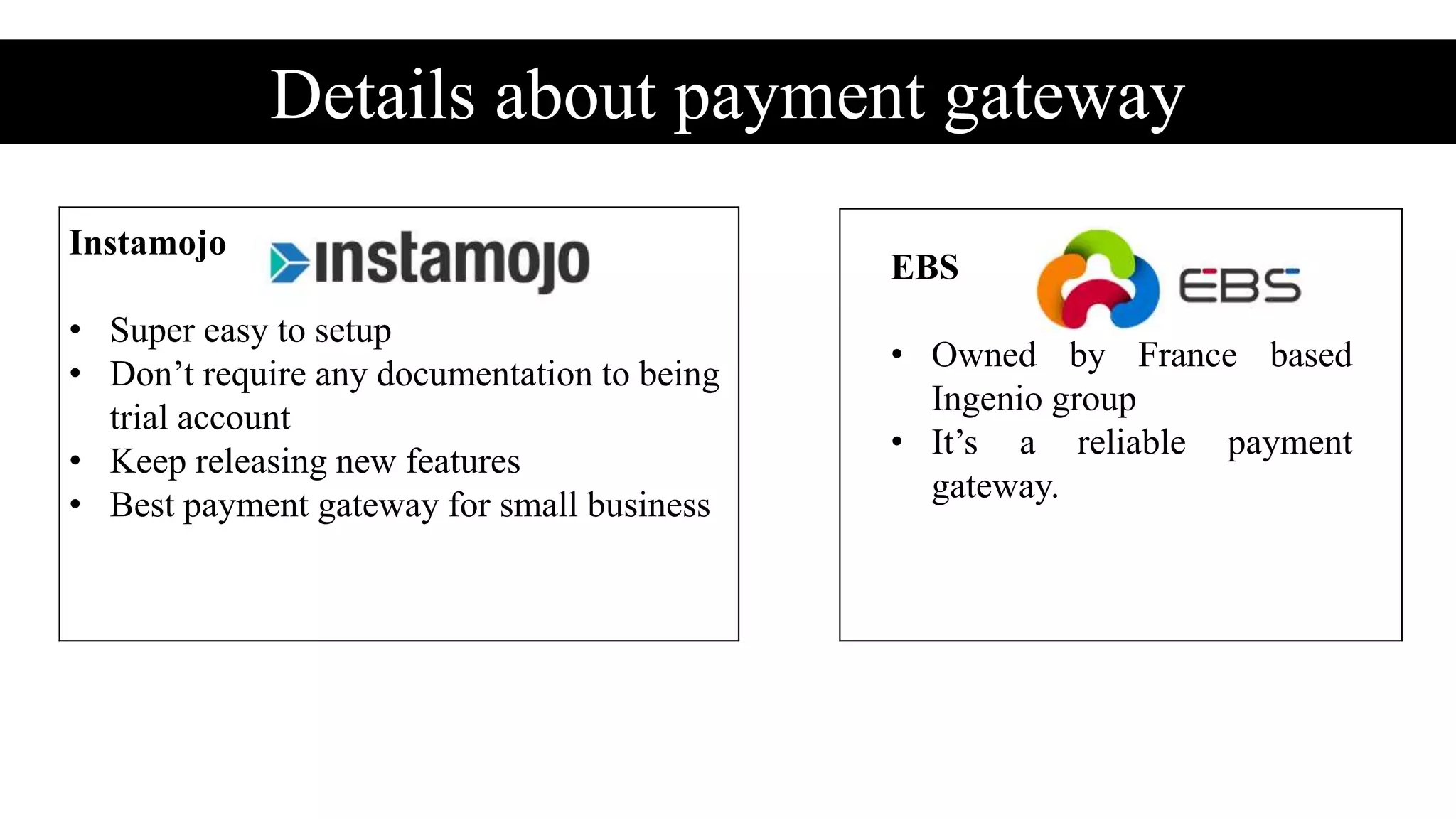 Details about payment gateway
Instamojo
• Super easy to setup
• Don’t require any documentation to being
trial account
• Keep releasing new features
• Best payment gateway for small business
EBS
• Owned by France based
Ingenio group
• It’s a reliable payment
gateway.
 