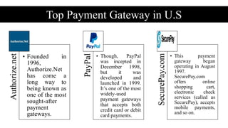 Top Payment Gateway in U.S
Setup Fee
Authorize.net
• Founded in
1996,
Authorize.Net
has come a
long way to
being known as
one of the most
sought-after
payment
gateways.
PayPal
• Though, PayPal
was incepted in
December 1998,
but it was
developed and
launched in 1999.
It’s one of the most
widely-used
payment gateways
that accepts both
credit card or debit
card payments.
SecurePay.com
• This payment
gateway began
operating in August
1997.
SecurePay.com
offers online
shopping cart,
electronic check
services (called as
SecurePay), accepts
mobile payments,
and so on.
 