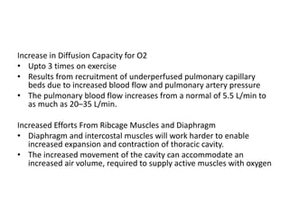 Increase in Diffusion Capacity for O2
• Upto 3 times on exercise
• Results from recruitment of underperfused pulmonary capillary
beds due to increased blood flow and pulmonary artery pressure
• The pulmonary blood flow increases from a normal of 5.5 L/min to
as much as 20–35 L/min.
Increased Efforts From Ribcage Muscles and Diaphragm
• Diaphragm and intercostal muscles will work harder to enable
increased expansion and contraction of thoracic cavity.
• The increased movement of the cavity can accommodate an
increased air volume, required to supply active muscles with oxygen
 