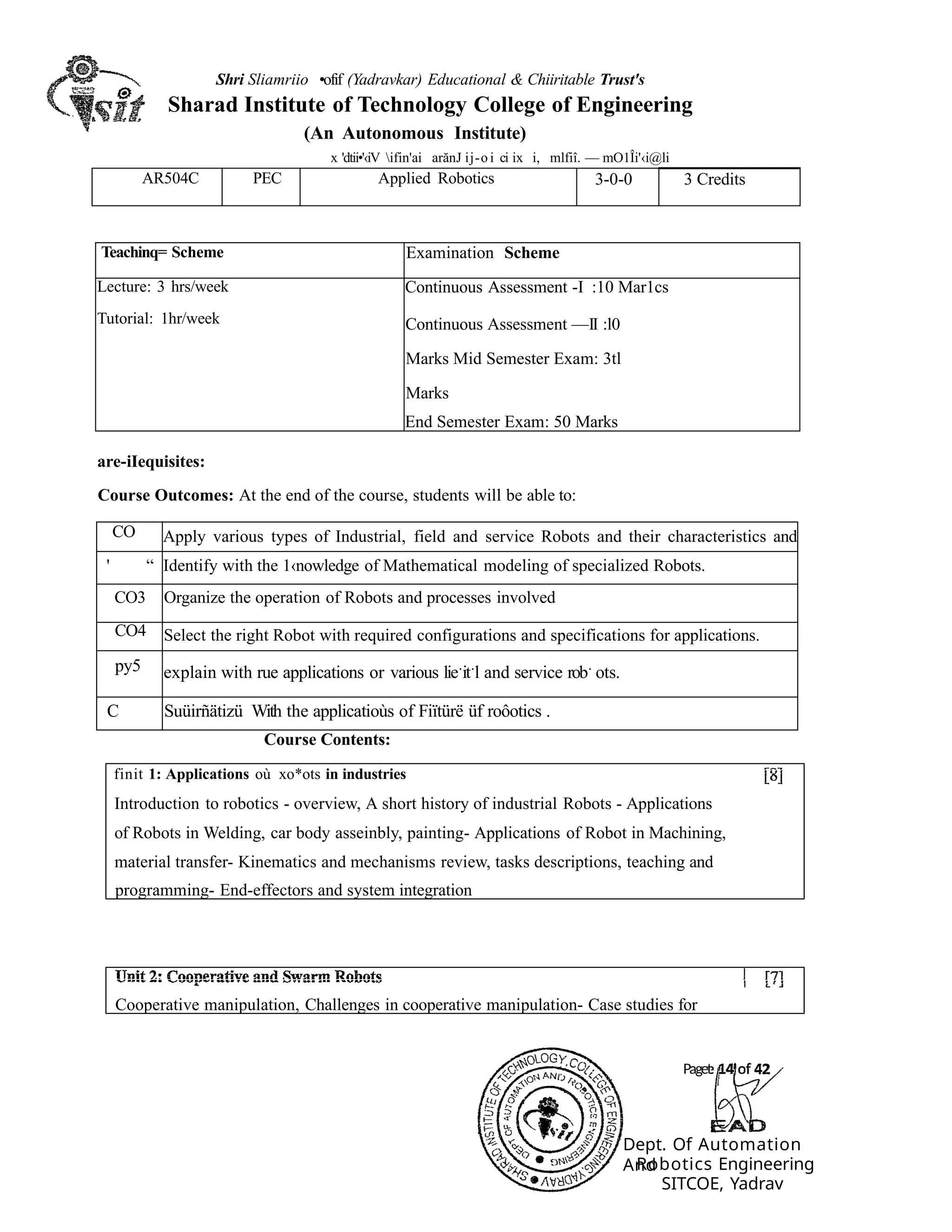 CO Apply various types of Industrial, field and service Robots and their characteristics and
' “ Identify with the 1‹nowledge of Mathematical modeling of specialized Robots.
CO3 Organize the operation of Robots and processes involved
CO4 Select the right Robot with required configurations and specifications for applications.
py5 explain with rue applications or various lie.
it.
l and service rob.
ots.
C Suüirñätizü With the applicatioùs of Fiïtürë üf roôotics .
Teachinq= Scheme Examination Scheme
Lecture: 3 hrs/week
Tutorial: 1hr/week
Continuous Assessment -I :10 Mar1cs
Continuous Assessment —II :l0
Marks Mid Semester Exam: 3tl
Marks
End Semester Exam: 50 Marks
AR504C PEC Applied Robotics 3-0-0 3 Credits
Shri Sliamriio •ofif (Yadravkar) Educational & Chiiritable Trust's
Sharad Institute of Technology College of Engineering
(An Autonomous Institute)
x 'dtii•'‹iV ifin'ai arănJ ij-o i ci ix i, mlfiî. — mO1Îi'‹i@li
Robotics Engineering
SITCOE, Yadrav
are-iIequisites:
Course Outcomes: At the end of the course, students will be able to:
Course Contents:
finit 1: Applications où xo*ots in industries
Introduction to robotics - overview, A short history of industrial Robots - Applications
of Robots in Welding, car body asseinbly, painting- Applications of Robot in Machining,
material transfer- Kinematics and mechanisms review, tasks descriptions, teaching and
programming- End-effectors and system integration
Cooperative manipulation, Challenges in cooperative manipulation- Case studies for
Paget 4 of 42
Dept. Of Automation
And
 