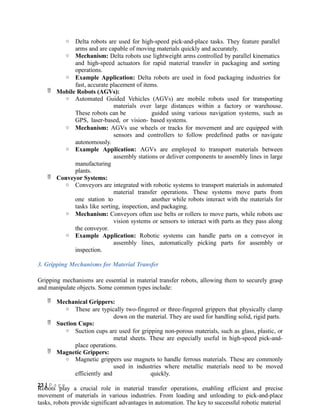 o Delta robots are used for high-speed pick-and-place tasks. They feature parallel
arms and are capable of moving materials quickly and accurately.
o Mechanism: Delta robots use lightweight arms controlled by parallel kinematics
and high-speed actuators for rapid material transfer in packaging and sorting
operations.
o Example Application: Delta robots are used in food packaging industries for
fast, accurate placement of items.
 Mobile Robots (AGVs):
o Automated Guided Vehicles (AGVs) are mobile robots used for transporting
materials over large distances within a factory or warehouse.
These robots can be guided using various navigation systems, such as
GPS, laser-based, or vision- based systems.
o Mechanism: AGVs use wheels or tracks for movement and are equipped with
sensors and controllers to follow predefined paths or navigate
autonomously.
o Example Application: AGVs are employed to transport materials between
assembly stations or deliver components to assembly lines in large
manufacturing
plants.
 Conveyor Systems:
o Conveyors are integrated with robotic systems to transport materials in automated
material transfer operations. These systems move parts from
one station to another while robots interact with the materials for
tasks like sorting, inspection, and packaging.
o Mechanism: Conveyors often use belts or rollers to move parts, while robots use
vision systems or sensors to interact with parts as they pass along
the conveyor.
o Example Application: Robotic systems can handle parts on a conveyor in
assembly lines, automatically picking parts for assembly or
inspection.
3. Gripping Mechanisms for Material Transfer
Gripping mechanisms are essential in material transfer robots, allowing them to securely grasp
and manipulate objects. Some common types include:
 Mechanical Grippers:
o These are typically two-fingered or three-fingered grippers that physically clamp
down on the material. They are used for handling solid, rigid parts.
 Suction Cups:
o Suction cups are used for gripping non-porous materials, such as glass, plastic, or
metal sheets. These are especially useful in high-speed pick-and-
place operations.
 Magnetic Grippers:
o Magnetic grippers use magnets to handle ferrous materials. These are commonly
used in industries where metallic materials need to be moved
efficiently and quickly.
Robots play a crucial role in material transfer operations, enabling efficient and precise
movement of materials in various industries. From loading and unloading to pick-and-place
tasks, robots provide significant advantages in automation. The key to successful robotic material
23 | P a g e
 