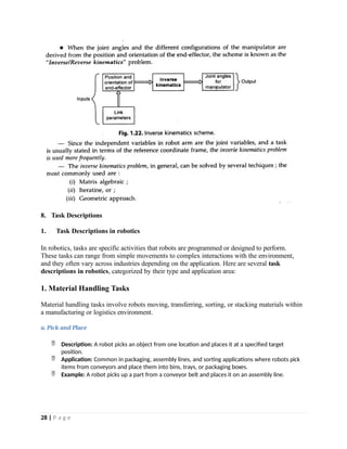 8. Task Descriptions
1. Task Descriptions in robotics
In robotics, tasks are specific activities that robots are programmed or designed to perform.
These tasks can range from simple movements to complex interactions with the environment,
and they often vary across industries depending on the application. Here are several task
descriptions in robotics, categorized by their type and application area:
1. Material Handling Tasks
Material handling tasks involve robots moving, transferring, sorting, or stacking materials within
a manufacturing or logistics environment.
a. Pick and Place
 Description: A robot picks an object from one location and places it at a specified target
position.
 Application: Common in packaging, assembly lines, and sorting applications where robots pick
items from conveyors and place them into bins, trays, or packaging boxes.
 Example: A robot picks up a part from a conveyor belt and places it on an assembly line.
28 | P a g e
 