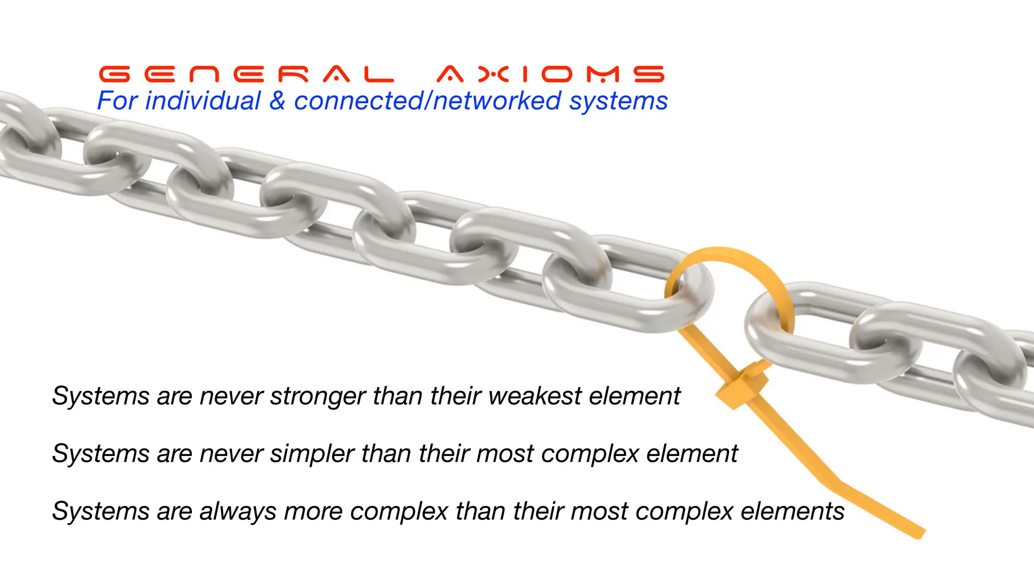 Systems are never stronger than their weakest element
Systems are never simpler than their most complex element
Systems are always more complex than their most complex elements
G E N E R A L A X I O M S
For individual & connected/networked systems
 