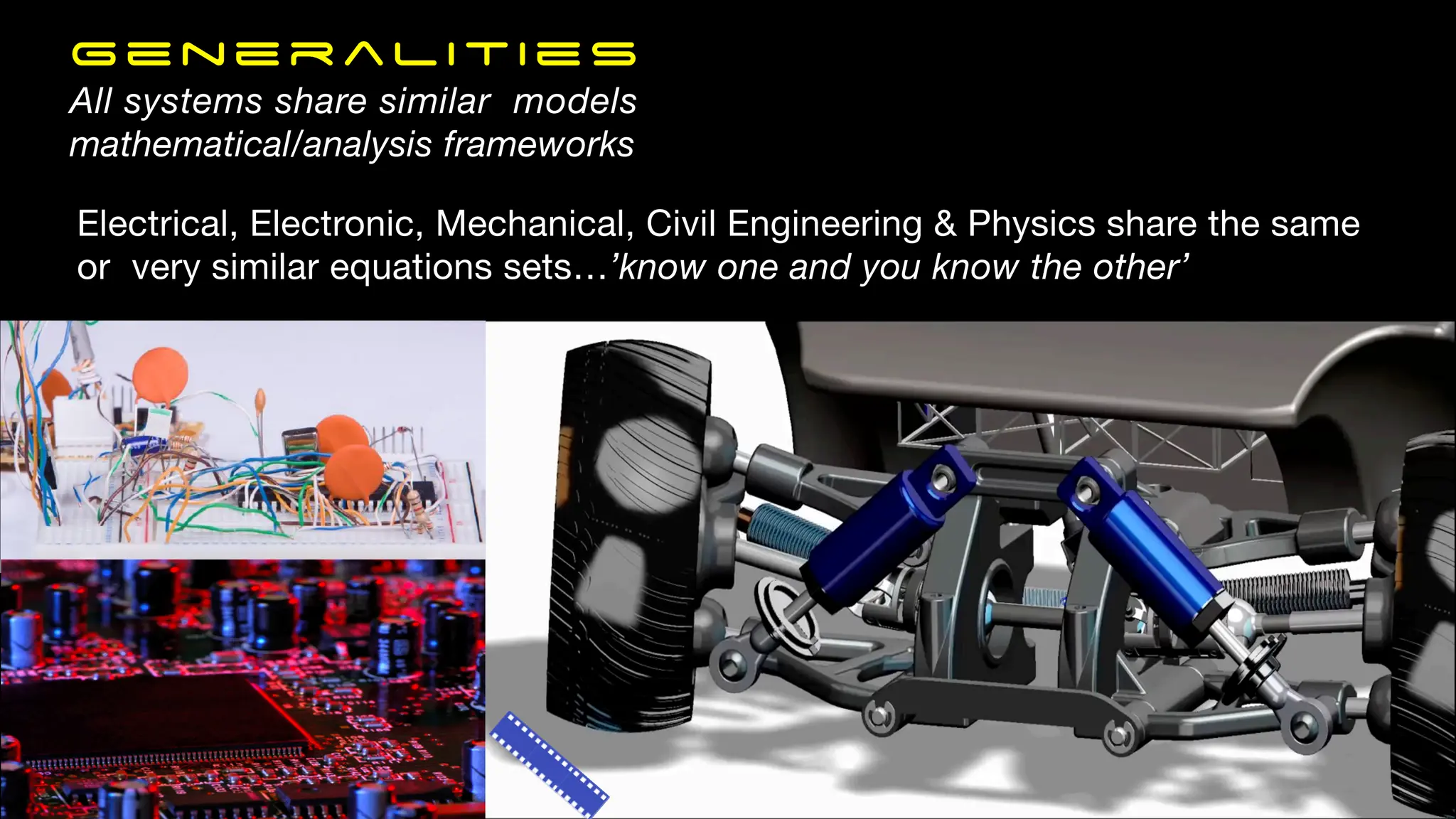 Generalities
All systems share similar models
mathematical/analysis frameworks
Electrical, Electronic, Mechanical, Civil Engineering & Physics share the same
or very similar equations sets…’know one and you know the other’
 