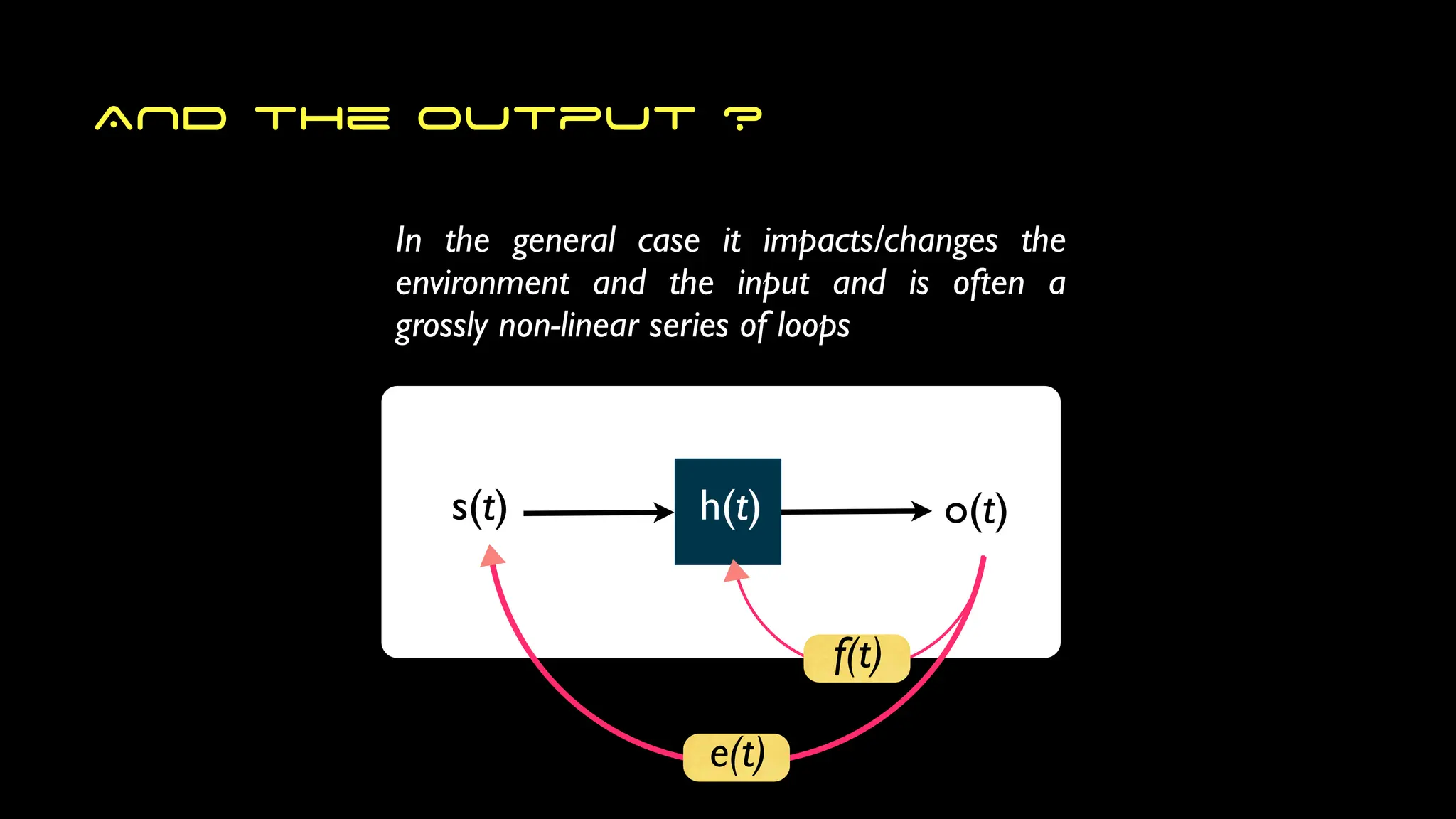 AND the output ?
s(t) h(t) o(t)
In the general case it impacts/changes the
environment and the input and is often a
grossly non-linear series of loops
e(t)
f(t)
 