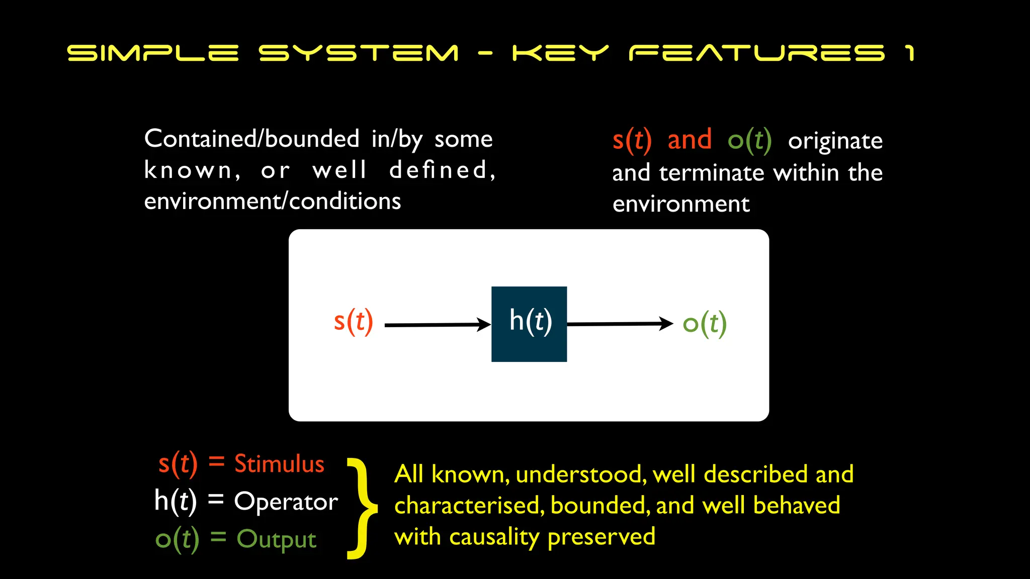 All known, understood, well described and
characterised, bounded, and well behaved
with causality preserved
Contained/bounded in/by some
known, or well de
fi
ned,
environment/conditions
Simple System - Key Features 1
s(t) h(t) o(t)
s(t) = Stimulus
h(t) = Operator
o(t) = Output }
s(t) and o(t) originate
and terminate within the
environment
 