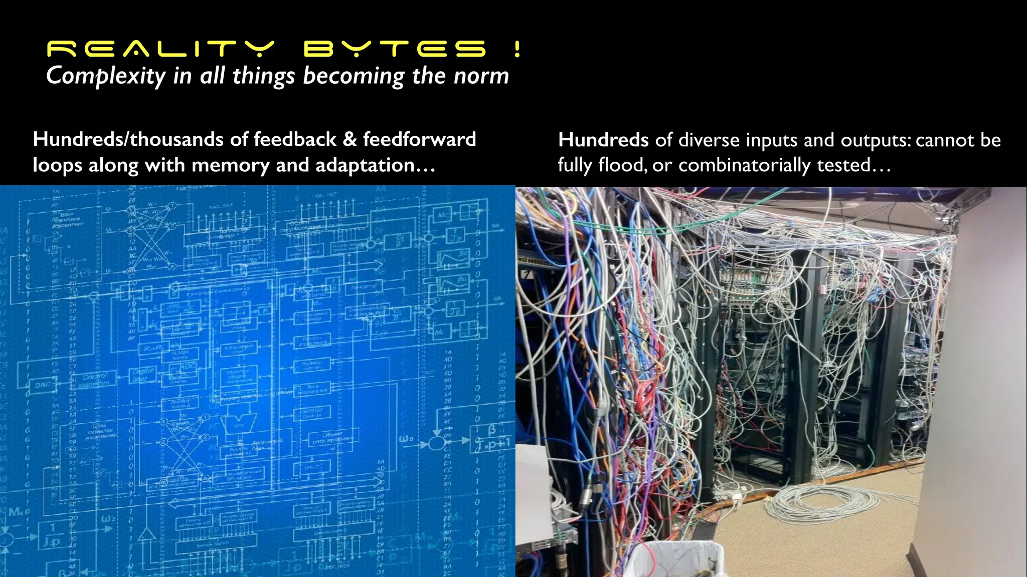 Hundreds of diverse inputs and outputs: cannot be
fully
fl
ood, or combinatorially tested…
Hundreds/thousands of feedback & feedforward
loops along with memory and adaptation…
REALITY BYTES !
Complexity in all things becoming the norm
 