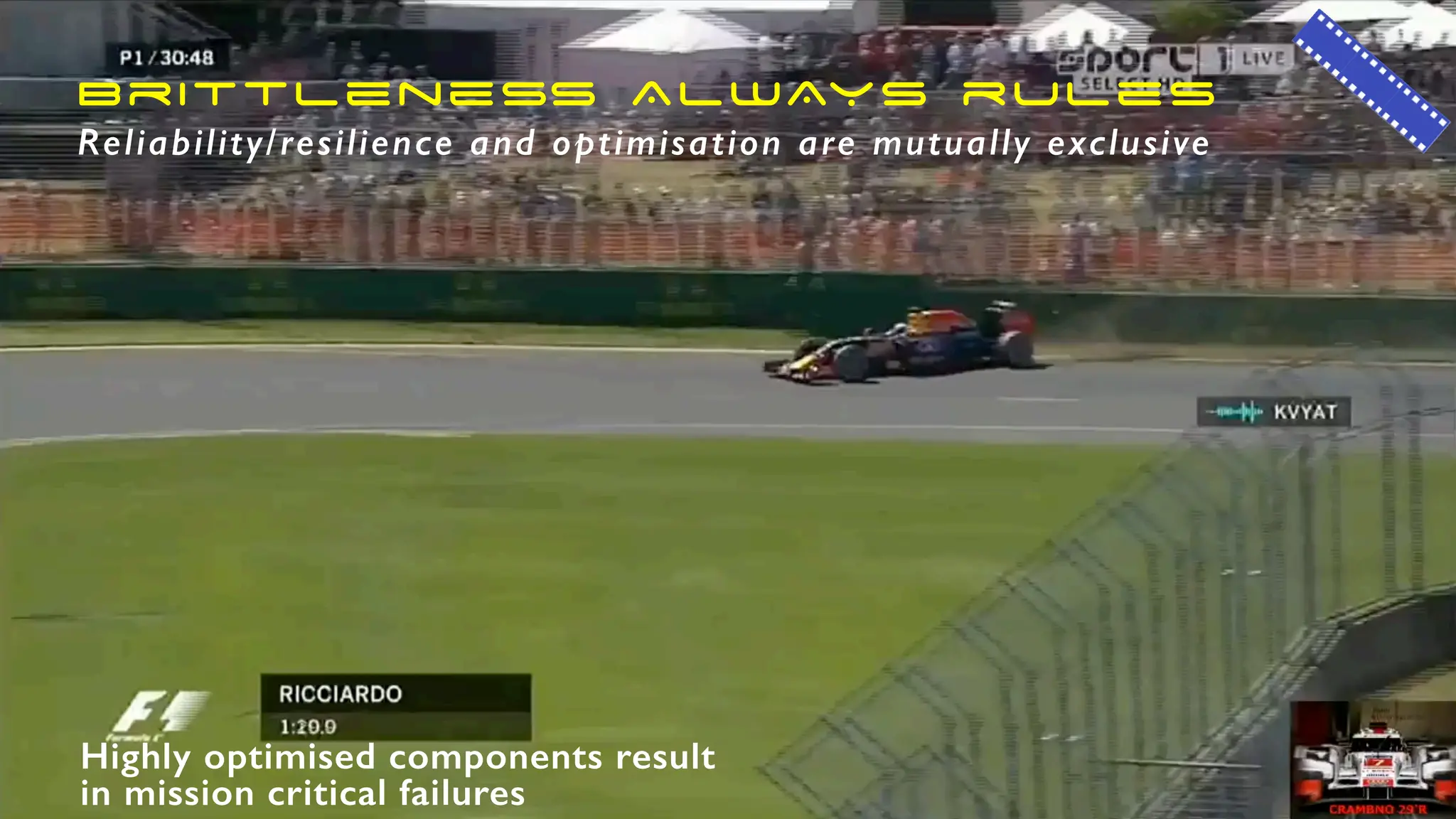 Brittleness ALWAYS rules
Reliability/resilience and optimisation are mutually exclusive
Highly optimised components result
in mission critical failures
 