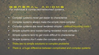 • Complex systems never get easier to characterise
• Complex systems always make the simple more complex
• Complex systems are never rendered simpler - without incurring costs !
• Simple systems tend toward being rendered more complex !
• Simple systems tend to get more di
ffi
cult to characterise
• Simple systems don’t make the complex simpler
• There are no simple solutions to complex problems
• There is a huge di
ff
erence between complicated and complex systems
G E N E R A L A X I O M S
For individual & connected/networked systems
 
