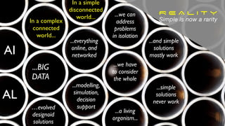 In a simple
disconnected
world... ...we can
address
problems
in isolation
...and simple
solutions
mostly work
In a complex
connected
world...
...we have
to consider
the whole
...simple
solutions
never work
AI
...modelling,
simulation,
decision
support
...BIG
DATA
...everything
online, and
networked
...a living
organism...
R E A L I T Y
Simple is now a rarity
AL
…evolved
designoid
solutions
 