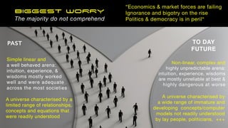 BIGGEST WORRY
The majority do not comprehend
Simple linear and
a well behaved arena:
intuition, experience, &
wisdoms mostly worked
well and were adequate
across the most societies
A universe characterised by a
limited range of relationships,
concepts and equations that
were readily understood
Non-linear, complex and
highly unpredictable arena:
intuition, experience, wisdoms
are mostly unreliable at best &
highly dangerous at worse
A universe characterised by
a wide range of immature and
developing concepts/computer
models not readily understood
by lay people, politicians, +++
PAST TO DAY
FUTURE
“Economics & market forces are failing
Ignorance and bigotry on the rise
Politics & democracy is in peril“
 