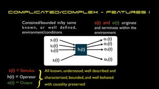 All known, understood, well described and
characterised, bounded, and well behaved
with causality preserved
Contained/bounded in/by some
known, or well de
fi
ned,
environment/conditions
Complicated/Complex - Features I
s(t) = Stimulus
h(t) = Operator
o(t) = Output }
s(t) and o(t) originate
and terminate within the
environment
s1(t)
s2(t)
s3(t)
si(t)
o1(t)
ok(t)
o3(t)
o2(t)
hi(t)
 