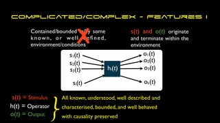 All known, understood, well described and
characterised, bounded, and well behaved
with causality preserved
Contained/bounded in/by some
known, or well de
fi
ned,
environment/conditions
Complicated/Complex - Features I
s(t) = Stimulus
h(t) = Operator
o(t) = Output }
s(t) and o(t) originate
and terminate within the
environment
s1(t)
s2(t)
s3(t)
si(t)
o1(t)
ok(t)
o3(t)
o2(t)
hi(t)
X
 