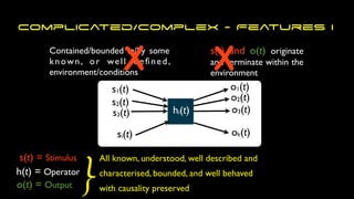All known, understood, well described and
characterised, bounded, and well behaved
with causality preserved
Contained/bounded in/by some
known, or well de
fi
ned,
environment/conditions
Complicated/Complex - Features I
s(t) = Stimulus
h(t) = Operator
o(t) = Output }
s(t) and o(t) originate
and terminate within the
environment
s1(t)
s2(t)
s3(t)
si(t)
o1(t)
ok(t)
o3(t)
o2(t)
hi(t)
X X
 