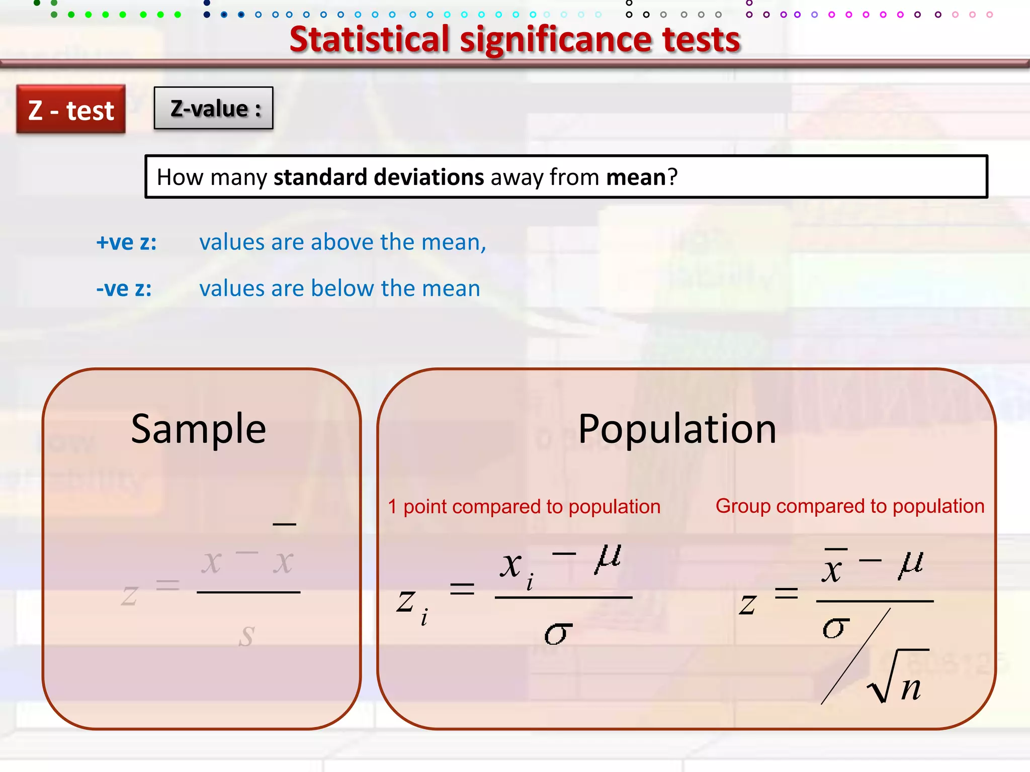 Statistical significance testsZ - test Z-value :How many standard deviations away from mean?+ve z:	values are above the mean, -ve z:	values are below the meanPopulationSampleGroup compared to population1 point compared to population