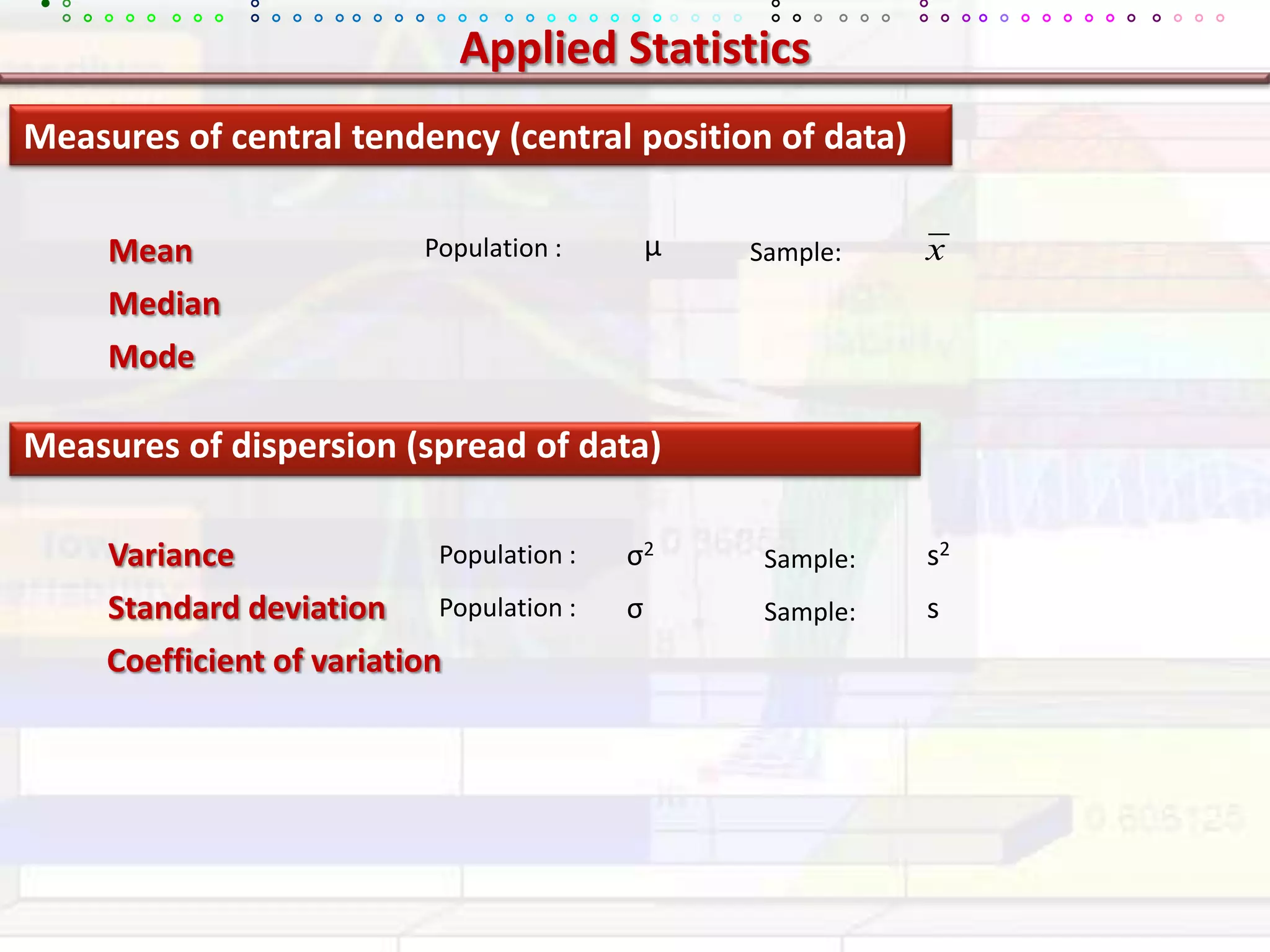 Applied StatisticsMeasures of central tendency (central position of data)µMeanPopulation :Sample:MedianModeMeasures of dispersion (spread of data)Varianceσ2s2Population :Sample:Standard deviationσsPopulation :Sample:Coefficient of variation
