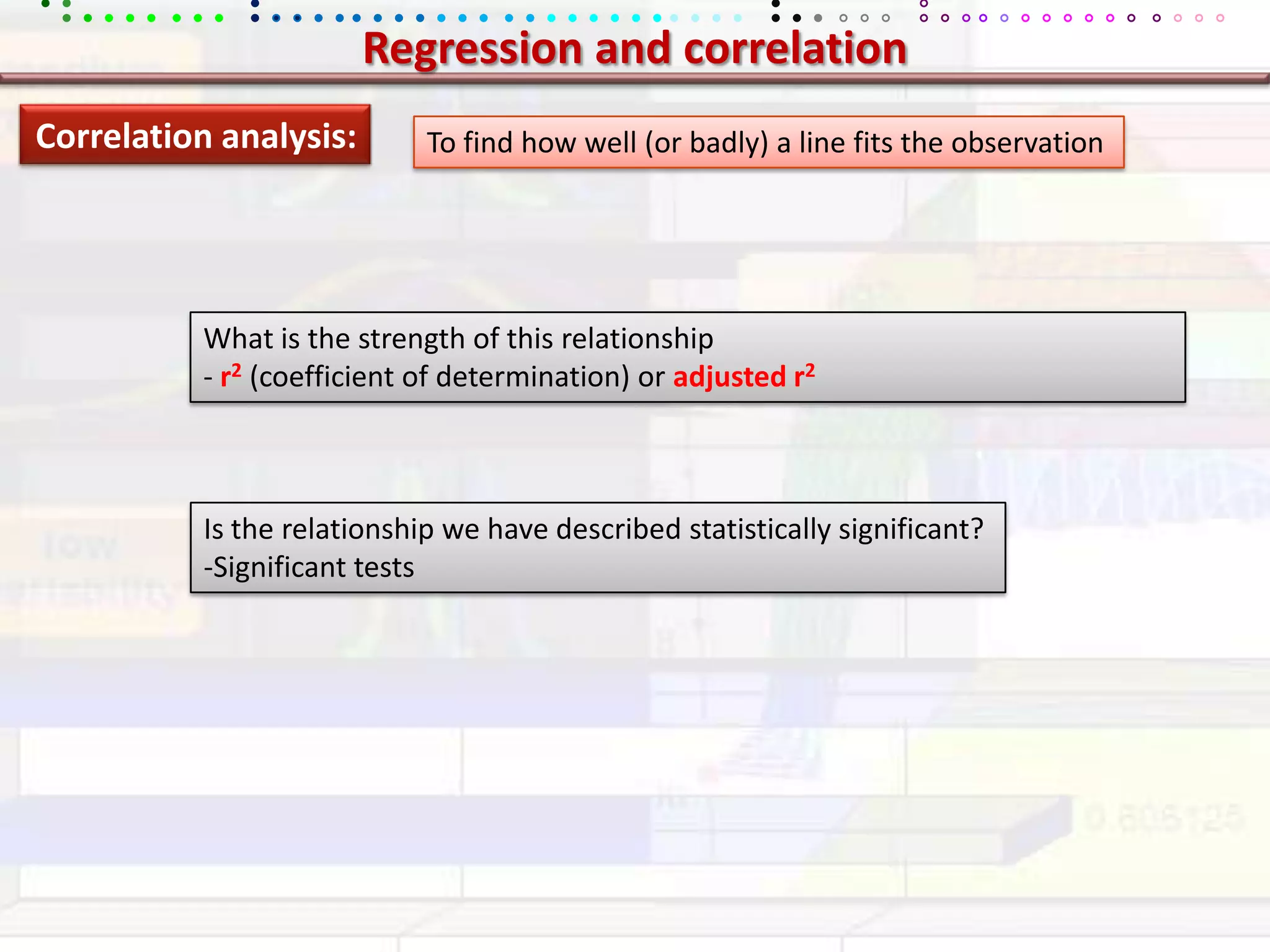 Regression and correlationCorrelation analysis:To find how well (or badly) a line fits the observationWhat is the strength of this relationship- r2 (coefficient of determination) or adjusted r2Is the relationship we have described statistically significant?-Significant tests